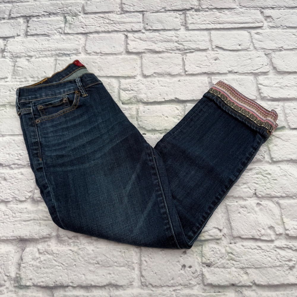 Lucky Brand Sweet Crop Blue Embroidered Cuff Jeans Women's 00/24 Dark Wash Boho